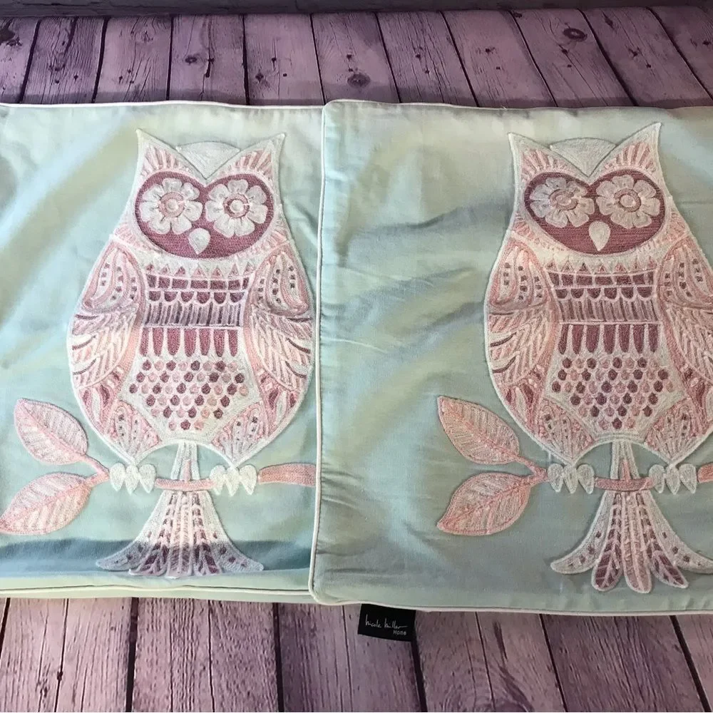 Nicole Miller Boho Mint Green Lilac Decorative Pillow Covers Embroidered Owl (2)